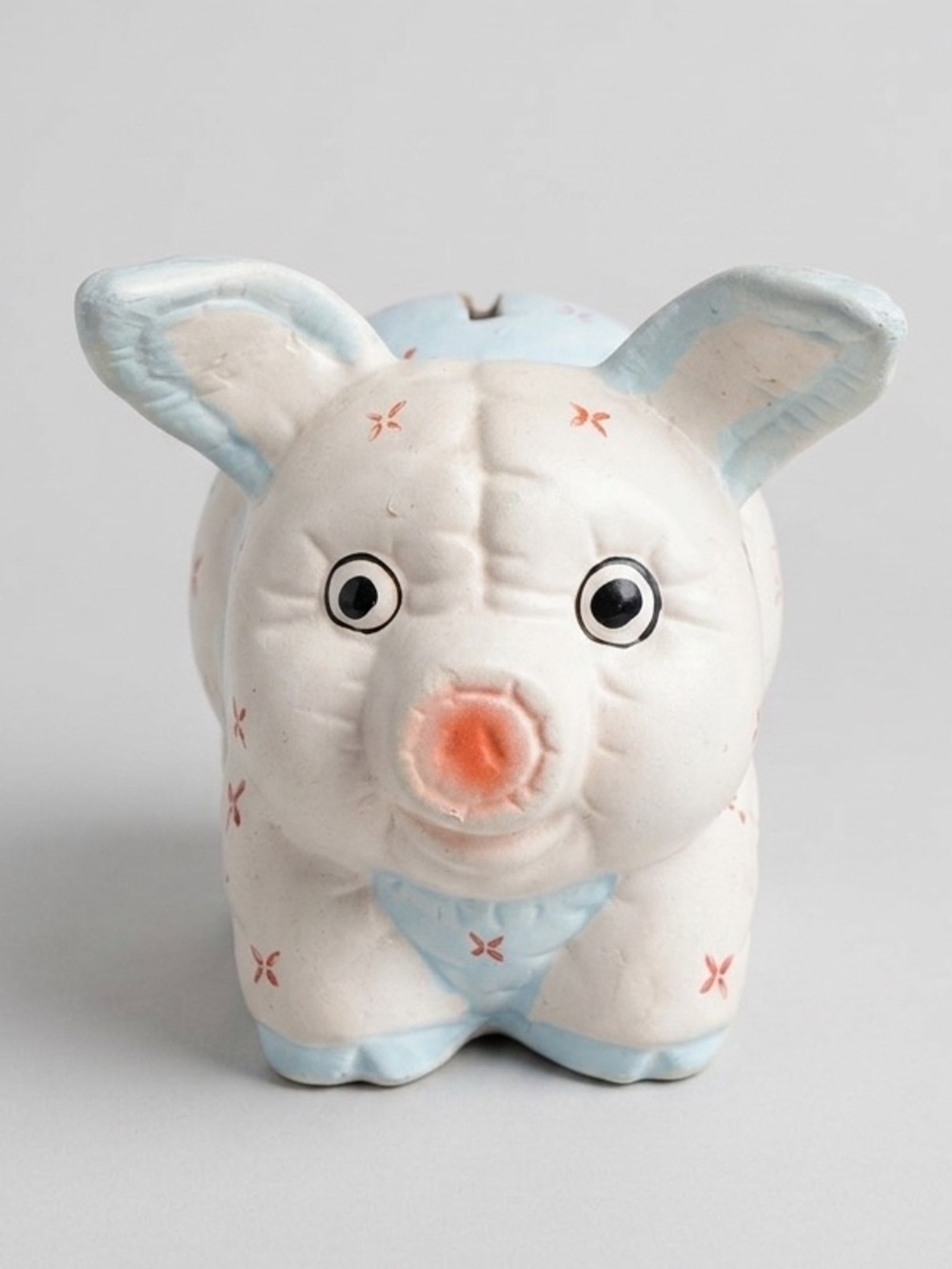 Vintage Ceramic Piggy Bank Pastel Blue Pink Floral Patchwork 70s  Made in Taiwan